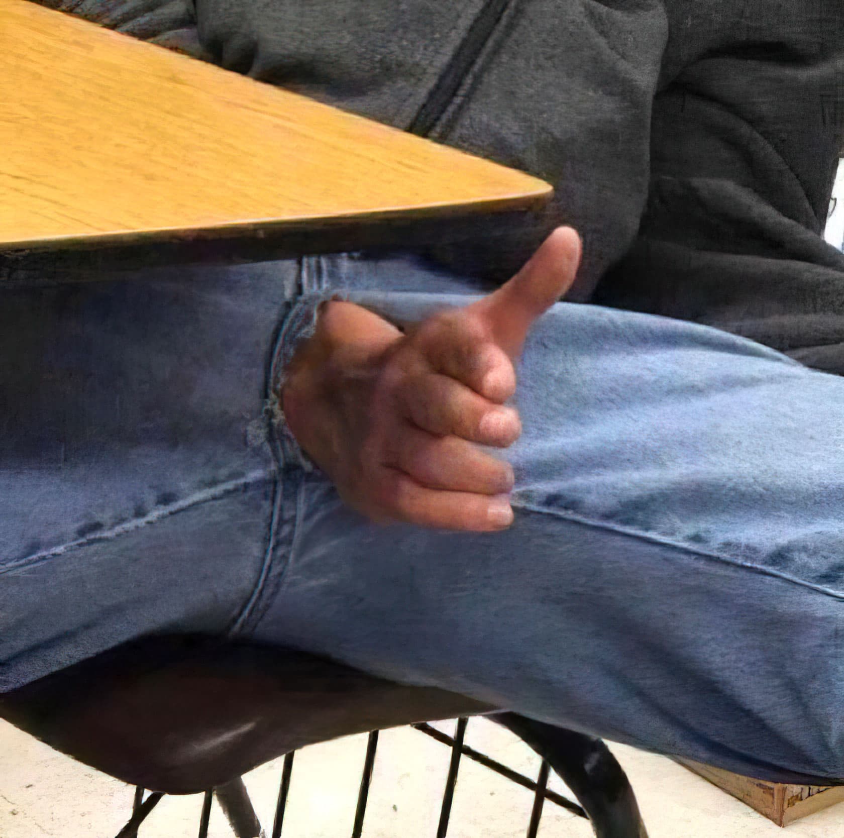Hand coming out of crotch
