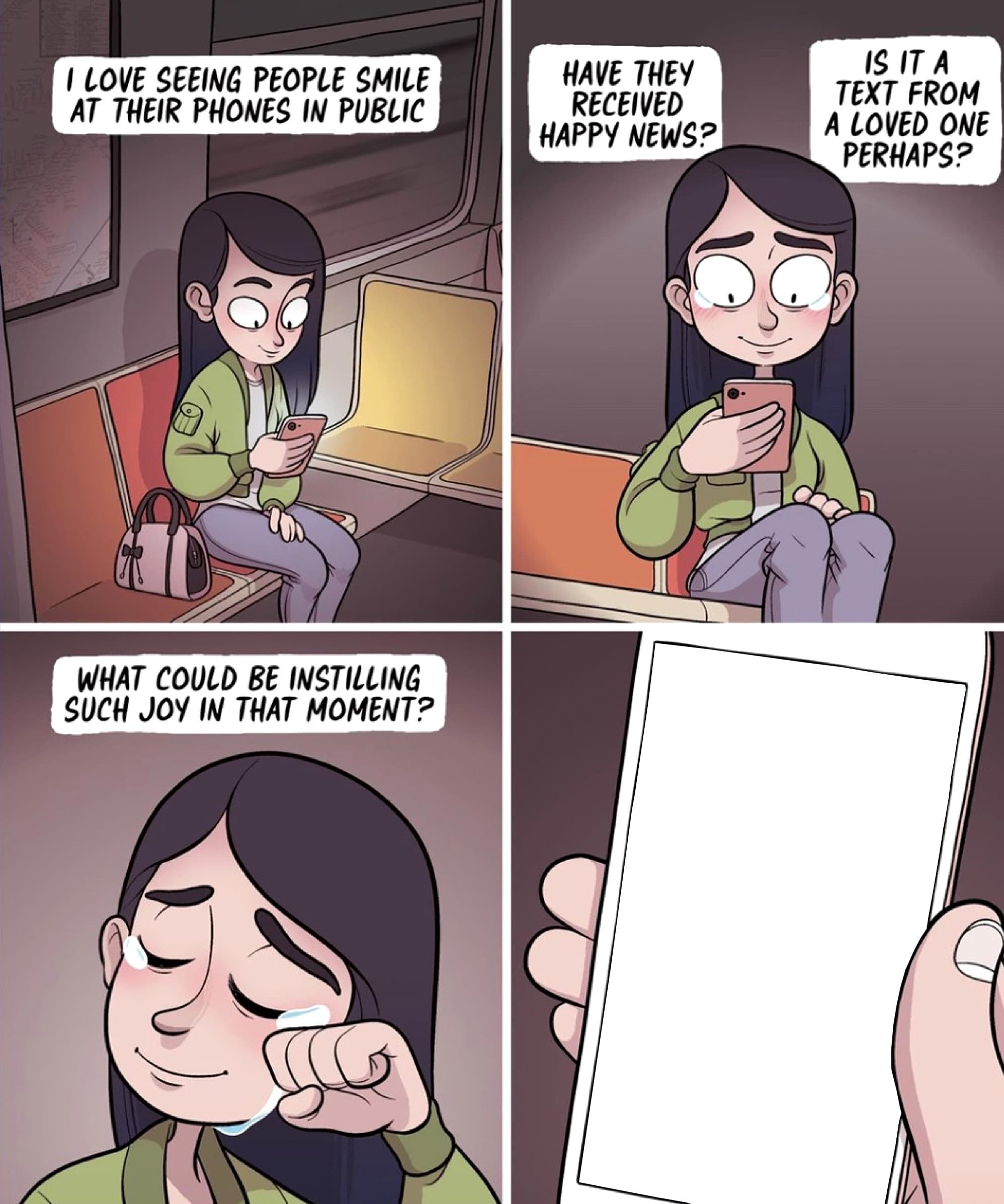 Smiling at phone public