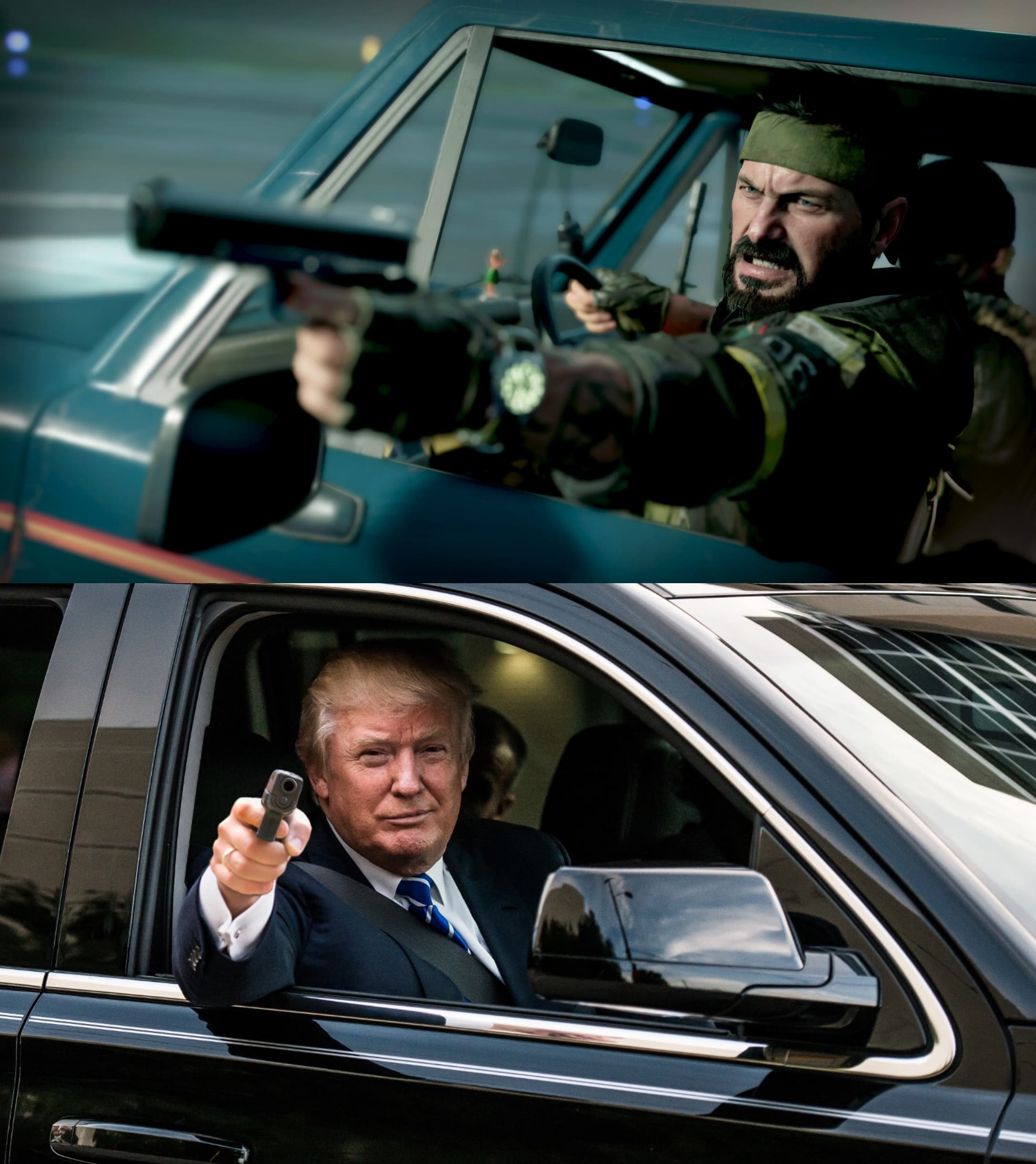 Trump Woods pointing guns cars