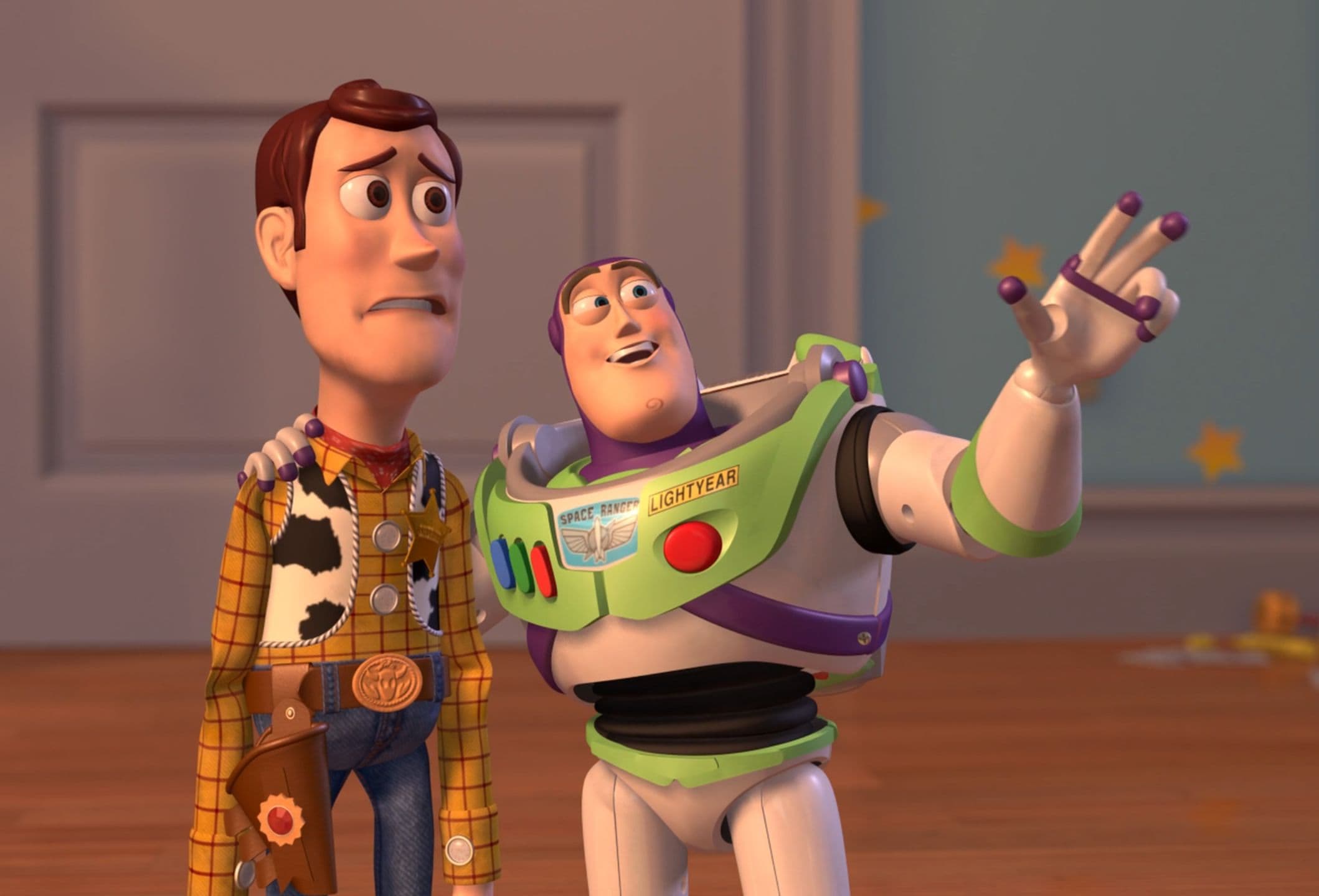 Buzz Lightyear pointing Woody