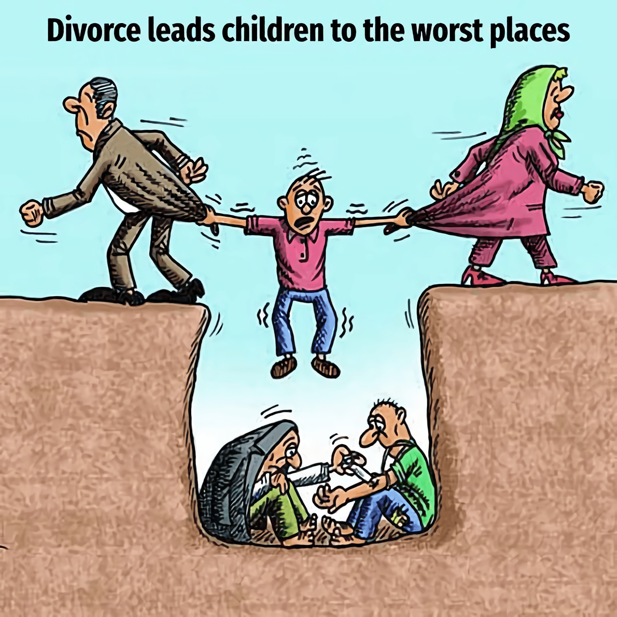 Parents pulling child apart cliff
